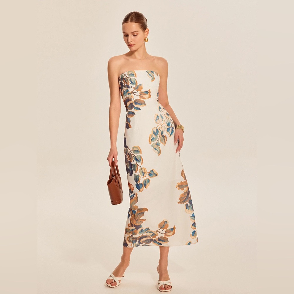 Commense Strapless Cream Midi Dress with Blue and Brown Leaf Print